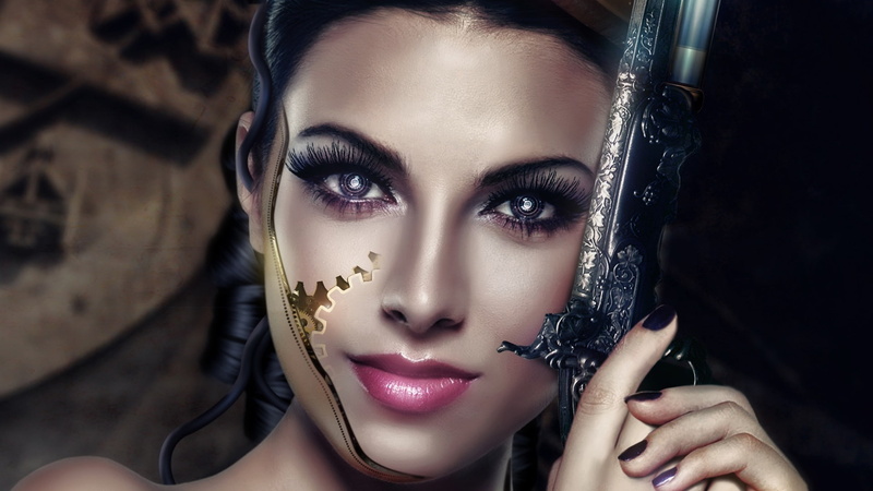 Revolver, 1080P, Girl, Arms, Face, Eyes, Creative, Art, Cyborg