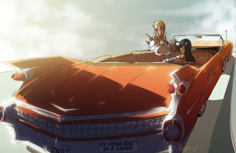 retro styled, nature, Gamagouri Ira, day, 720P, Kill la Kill, cloud - sky, low angle view, sunlight, no people, outdoors, human representation, sky, land vehicle
