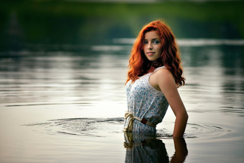 Ira, redhead, dress, white, blue, s, floral, sleeveless, women, in the water, 1080P