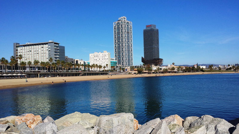 daytime, day, building exterior, travel destinations, architecture, sea, spain, sky, skyscraper, no people, rock, building, blue, 4K, barceloneta, landscape