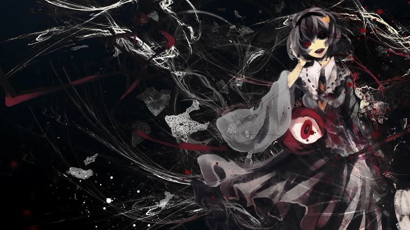 Touhou, dark hair, eyes, red eyes, 2K, Komeiji Satori, short hair, black, dress, white dress, dark, blood