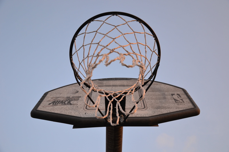 hobby, no people, directly below, scoring, basketball hoop, sky, nature, lighting equipment, clear sky, basketball, basketball basket, low angle view, close-up