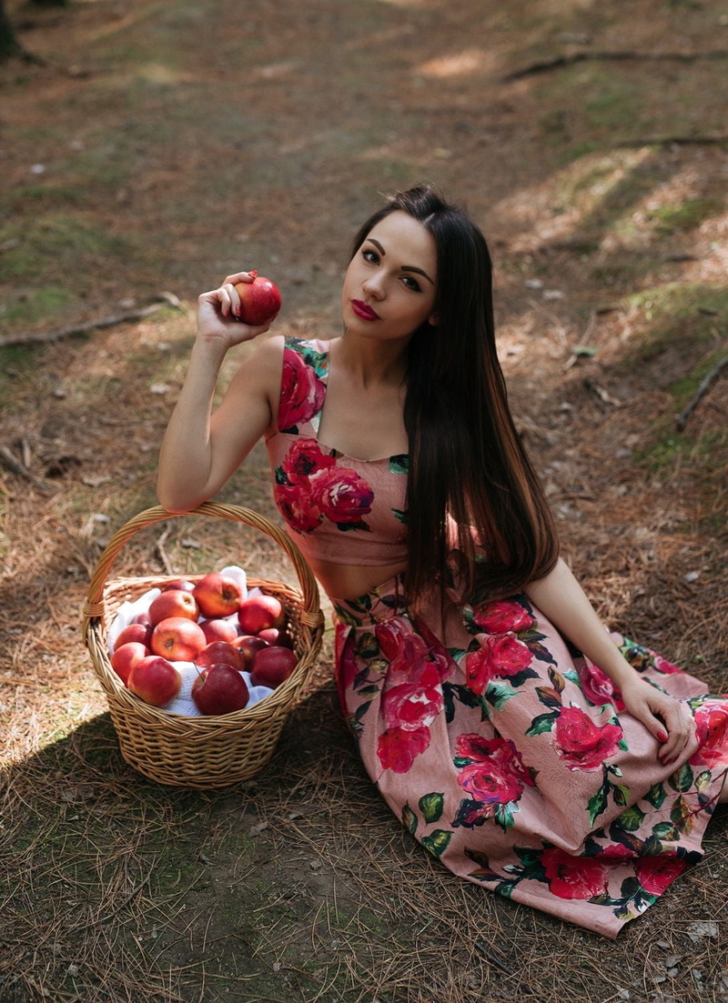 fruit, food, baskets, looking at viewer, 720P, apples, brunette, Flower Dress, long hair, make up, straight hair, nature, dress, women, red lipstick