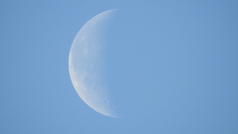 copy space, 1080P, astronomy, beauty in nature, moon, blue background, single object, clear sky, half moon, close-up, scenics - nature, outdoors