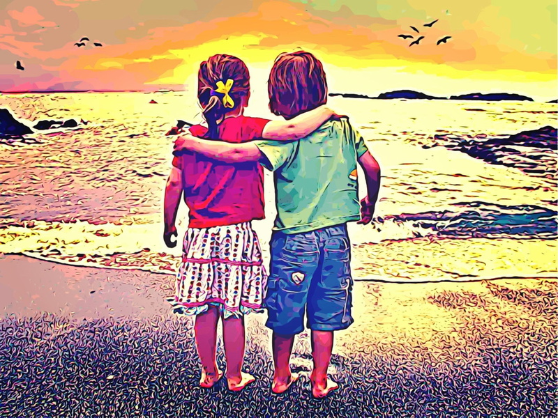 real people, nature, sea, sister, rear view, sunset, people, 720P, water, digital art, casual clothing, land, childhood, outdoors, boy, couple, girl, standing