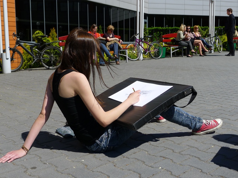 summer, female, girl, real people, plaza, sketch, street, outside, woman, artist, daytime, casual clothing, paving stone, nature, young women, day, poland