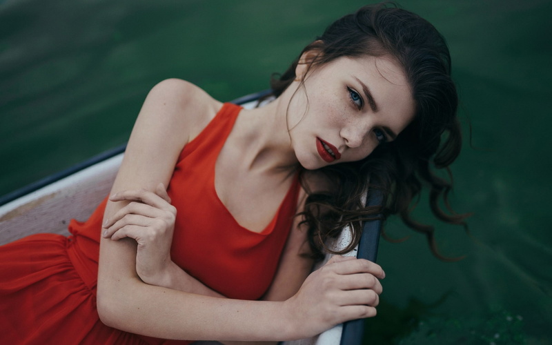 freckles, boat, looking at viewer, brunette, red dress, Anton Ulyanov, red lipstick, blue eyes, 1080P, open mouth, women