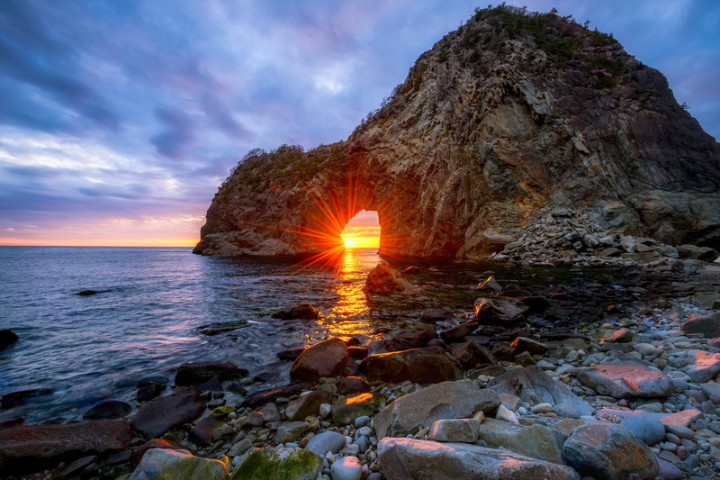Stone, Ocean, Japan, Rock, Horizon, Beach, Sunset, Earth, Arch, Nature, Sunbeam, 1080P