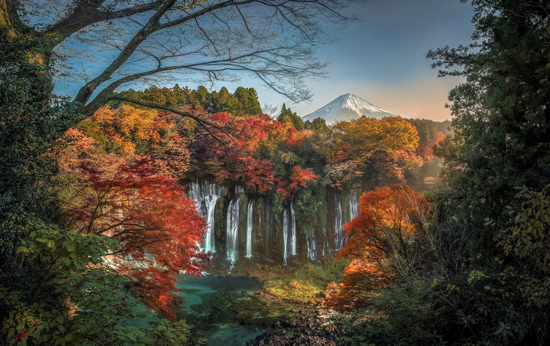 Lake, Foliage, Waterfall, 1080P, Waterfalls, Earth, Mount Fuji, Mountain, Fall, Japan, Forest