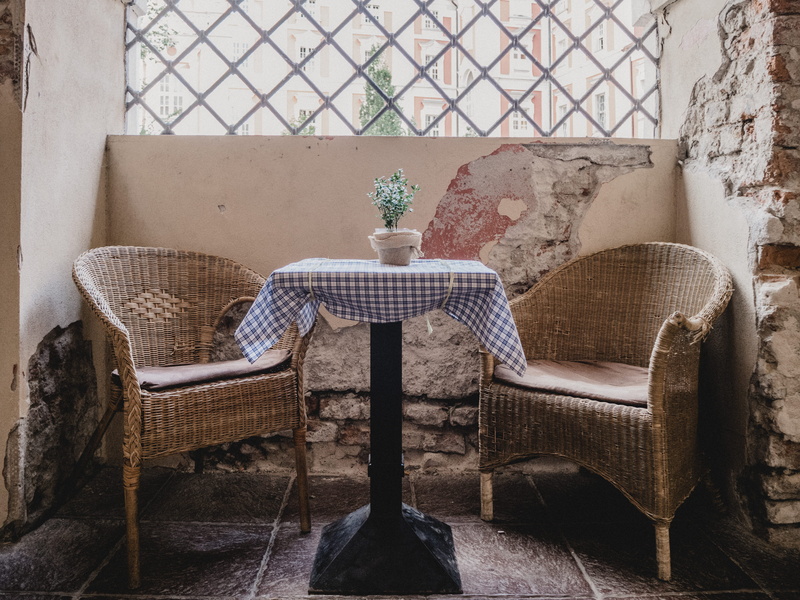 day, wall - building feature, empty, mission ck fara, seat, built structure, coffee, pattern, no people, interior, wall, furniture, table, flooring, absence