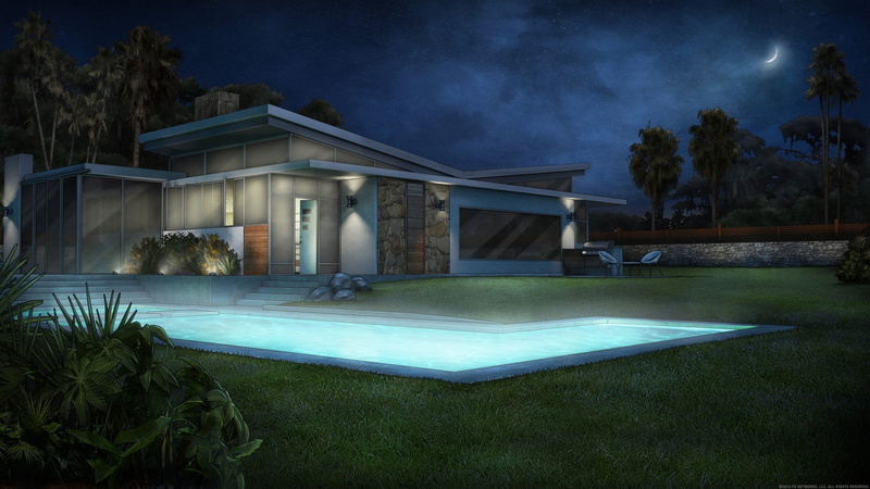 no people, swimming pool, wealth, nature, absence, pool, architecture, TV Show, luxury, outdoors, sky, illuminated, 1080P, water, front or back yard, Archer