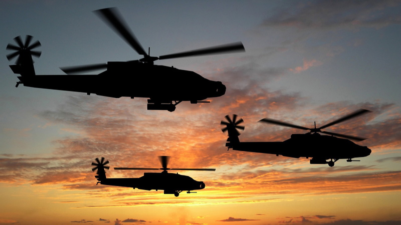 Boeing AH-64D Apache, attack helicopter, helicopters, three, silhouette, U.S. Air Force, U.S. Army, 2K
