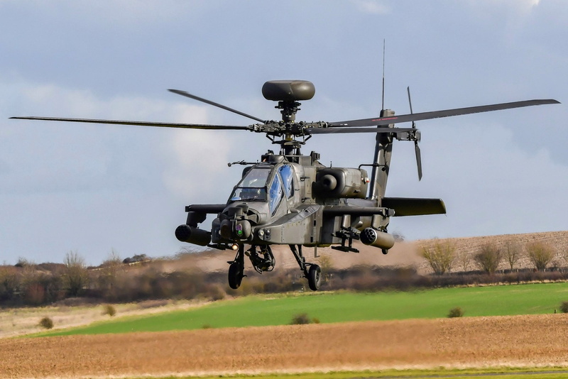 mid-air, on the move, Boeing AH-64 Apache, no people, environment, Attack Helicopter, transportation, nature, field, flying, army, day, sky, Helicopter
