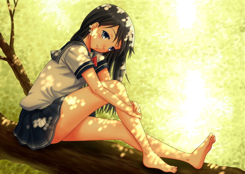 seifuku, tree, oekaki, hair, barefoot, eyes, skirt, hayate, long, original, 720P, black