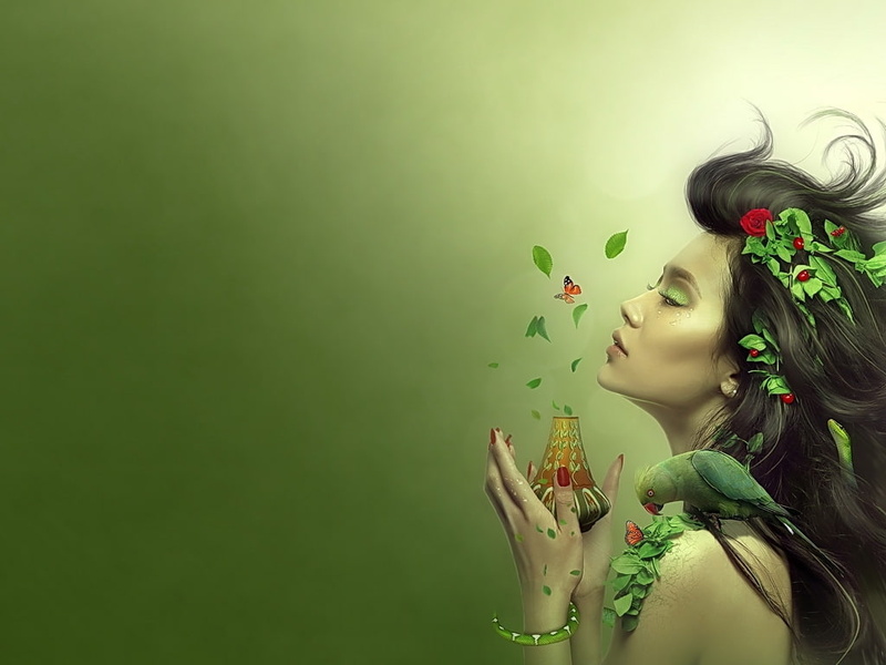 parrot, bottle, bird, hand, 480P, fragrance, papagal, luminos, perfume, pasare, Sweet fragrance, green, girl
