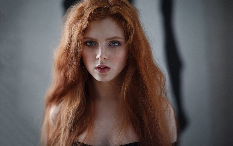 freckles, long hair, women, blue eyes, 1080P, depth of field, redhead, Alexey Kazantsev, face, model