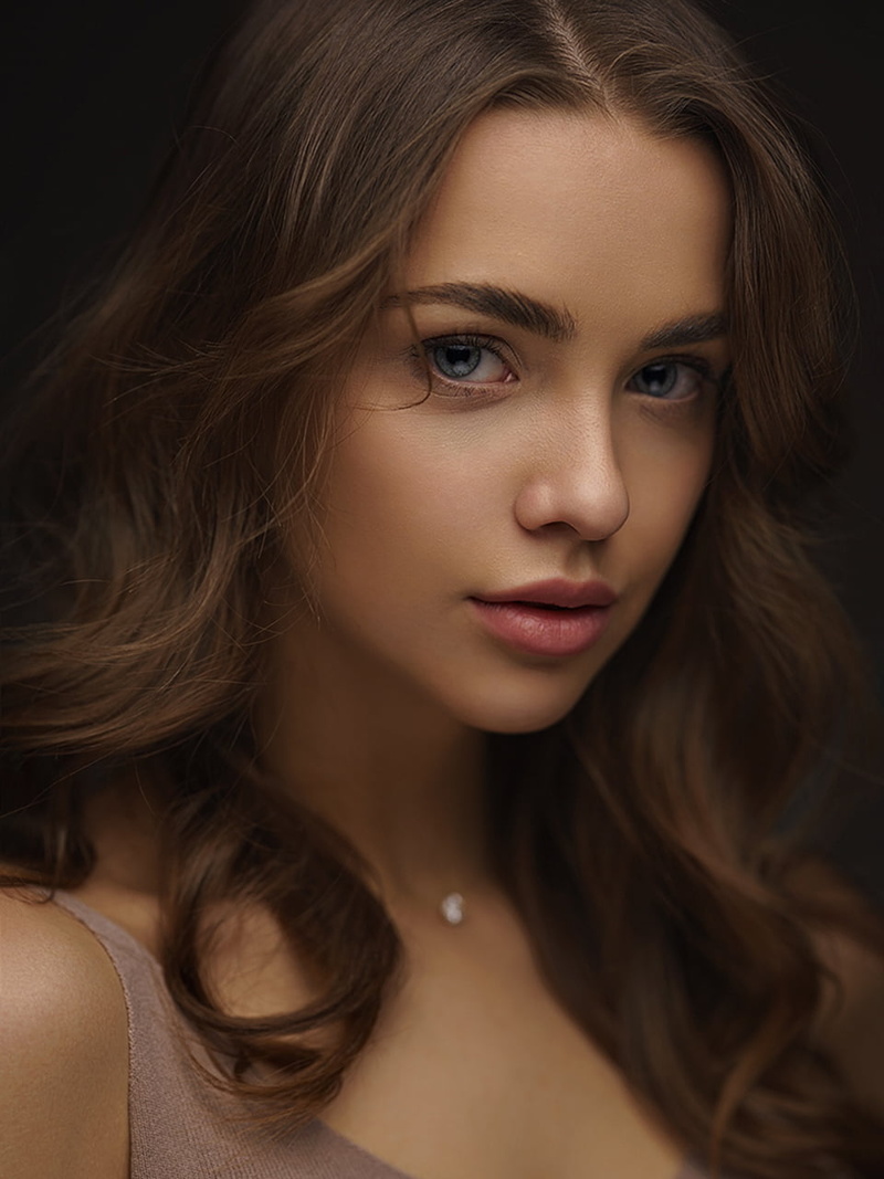 brunette, makeup, looking at viewer, women, portrait, wavy hair, Alexey Kazantsev, long hair, 720P, blue eyes