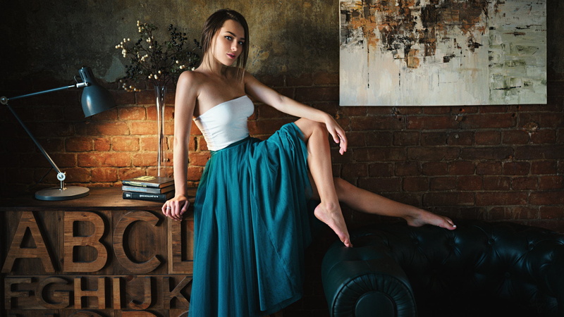 fashion, brick wall, dress, 1080P, beautiful woman, one person, portrait, women, looking at camera, beautiful people, young women, clothing, brick, hairstyle