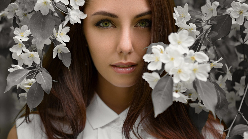portrait, face, 1080P, Sergey Fat, women, flowers