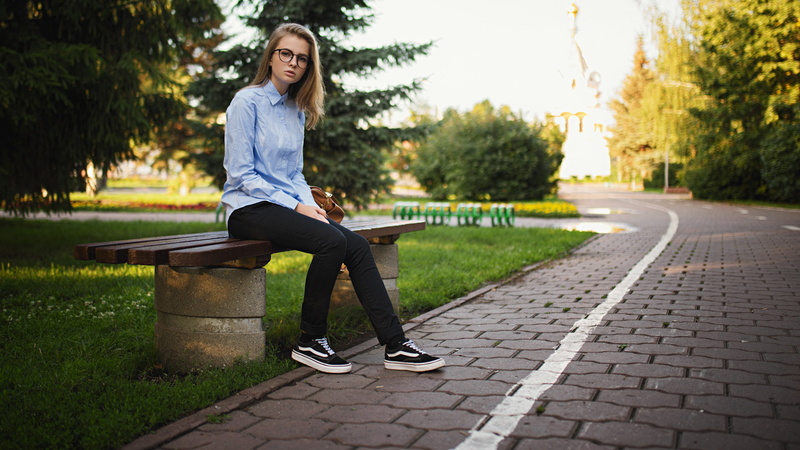 women outdoors, women with glasses, sitting, park, shirt, jeans, bench, Kseniya Koval, 1080P, women, sneakers, Sergey Fat