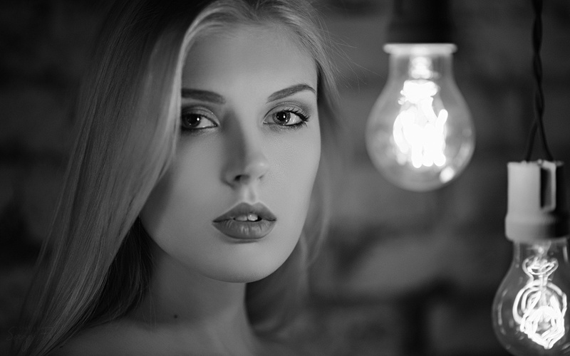 1080P, women, face, Sergey Fat, portrait, monochrome, light bulb