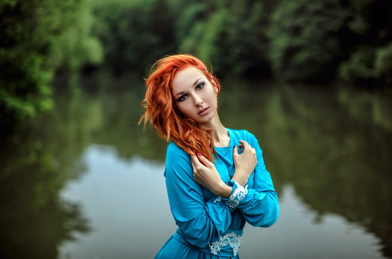 dress, portrait, model, Anna Boevaya, redhead, women outdoors, women, 1080P, river