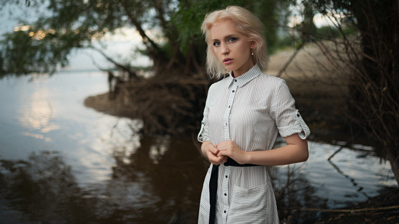 women outdoors, beauty, water, one person, women, tree, beautiful woman, model, Sergey Fat, blonde, focus on foreground, three quarter length, hair, outdoors