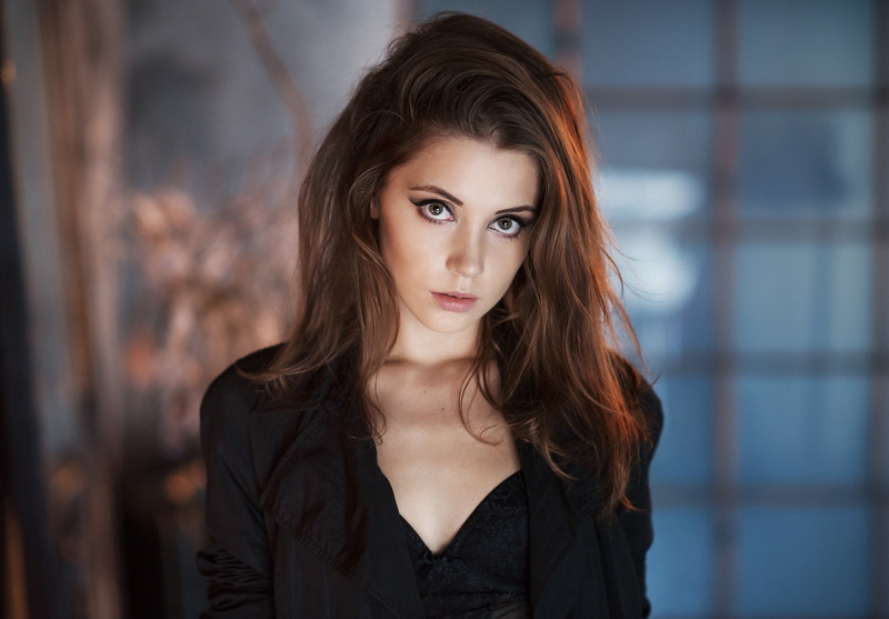 black coat, 1080P, model, depth of field, portrait, wavy hair, eyes, Maxim Maksimov, long hair, women, auburn hair, Ksenia Kokoreva, face, looking at viewer