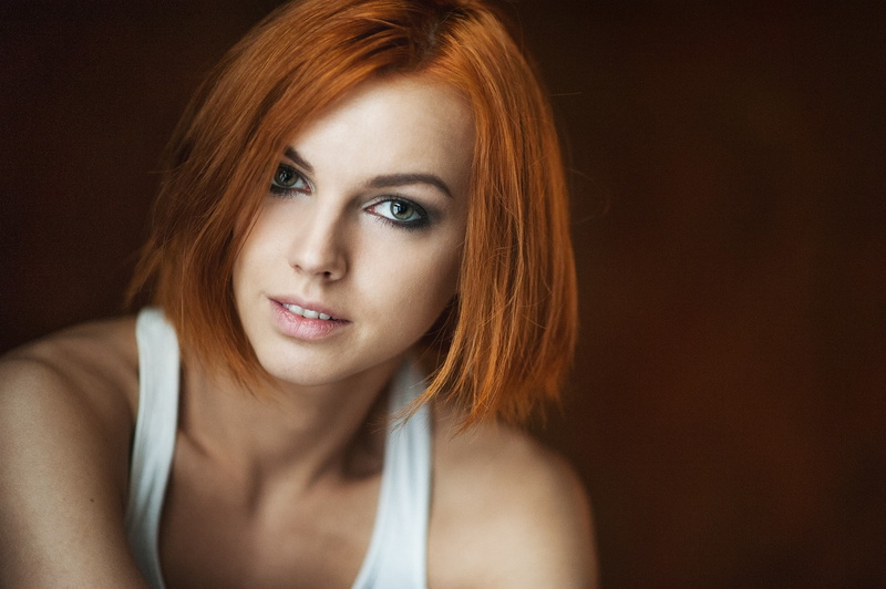 looking at camera, women, human face, indoors, relaxation, redhead, young adult, beauty, women redhead green eyes face maxim maksimov inessa rain portrait tank top no bra depth of field