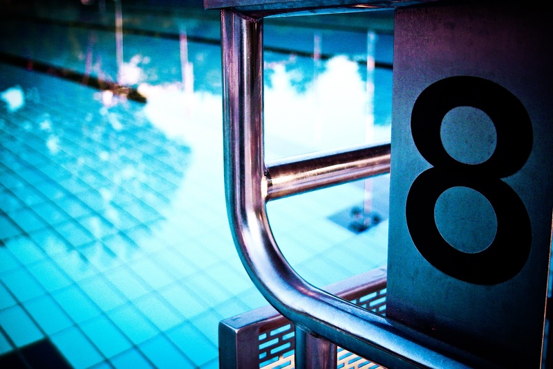 outdoor pool, number, start block, summer, shape, pool, transparent, steel, geometric shape, mirroring, jump, circle, no people, reflection, city, blue