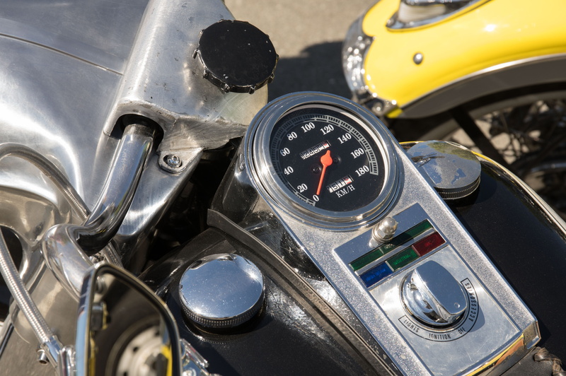 high angle view, two wheeled vehicle, no people, dashboard, chrome, car, stationary, day, control panel, cockpit, old, focus on foreground, motor vehicle