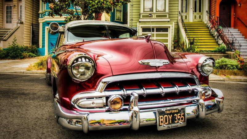vintage car, street, no people, mode of transportation, architecture, chrome, city, stationary, vehicle, red, motor vehicle, chevy, 1080P, retro styled