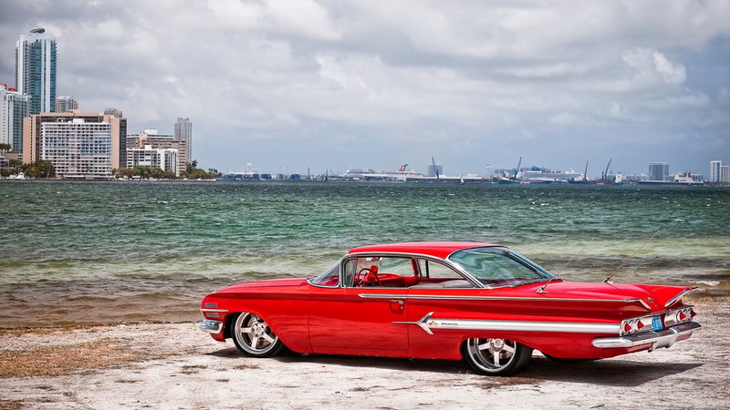 car, no people, sedan, nature, city, water, skyscraper, 1080P, chevrolet impala, sea, architecture, tall - high, motor vehicle, land vehicle, transportation