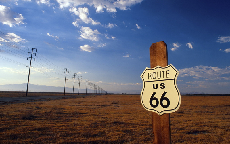 the sky, mountains, field, 1080P, road, road sign, Route 66, landscape