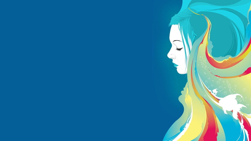 fish, red, girl, orange, colorful, yellow, 1080P, blue, drawing, hair, blue hair, women, graphic
