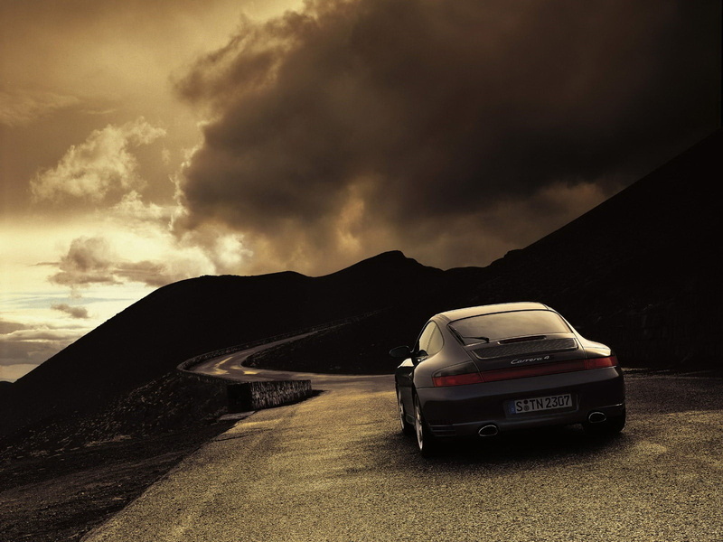 speed, Weather, street, stationary, 4x4, scenics, black, sunlight, people Traveling, black Color, sun, landscape, cloudscape, Carrera 4, road, hill, car