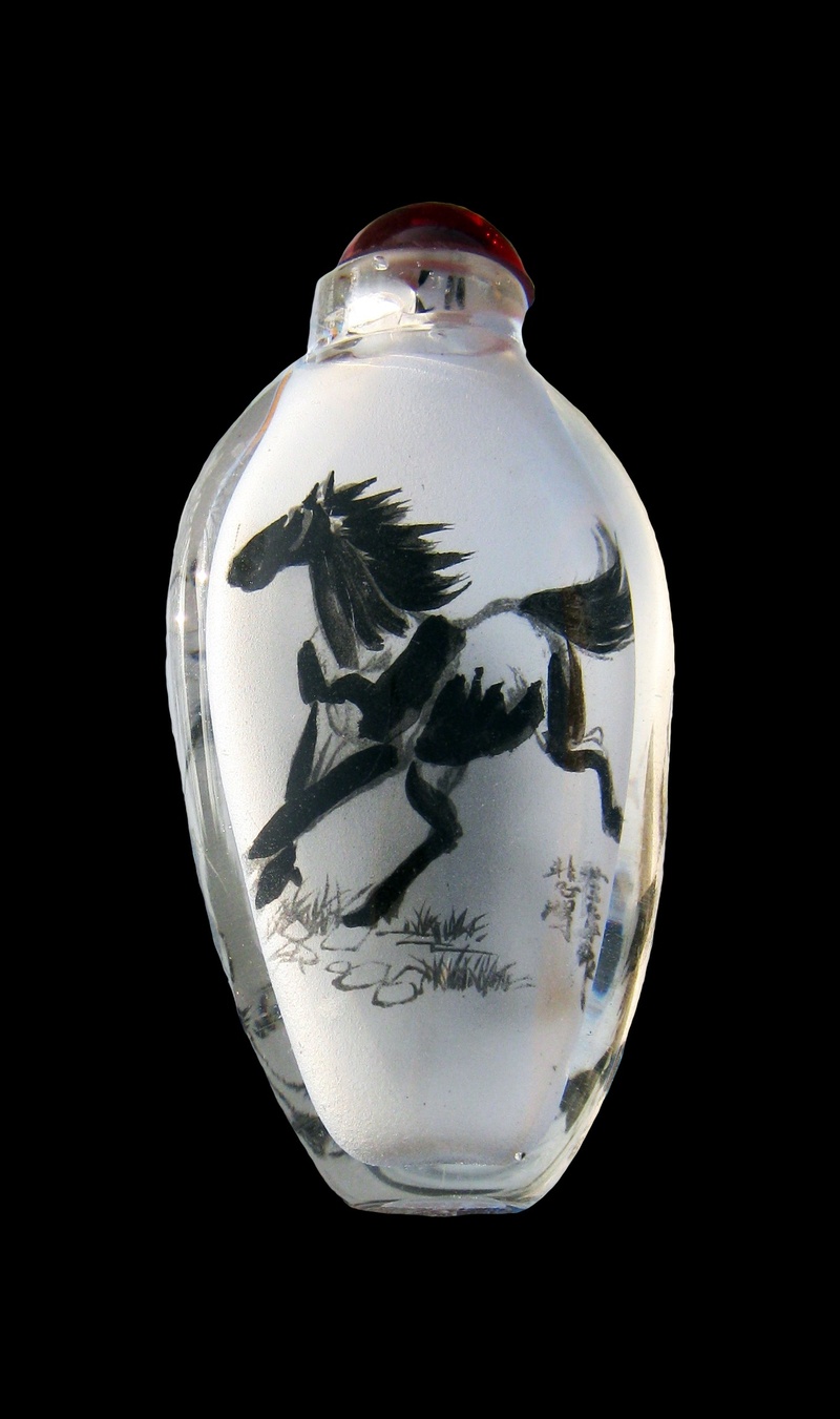 tusche indian ink, representation, studio shot, single object, human representation, no people, text, black background, reflection, shape, horse, bottle