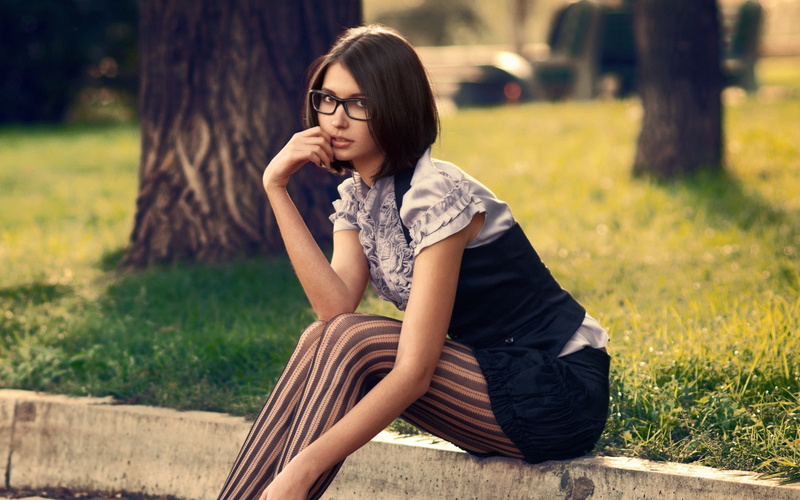 glasses, sitting, women, nerds, stockings, 2K