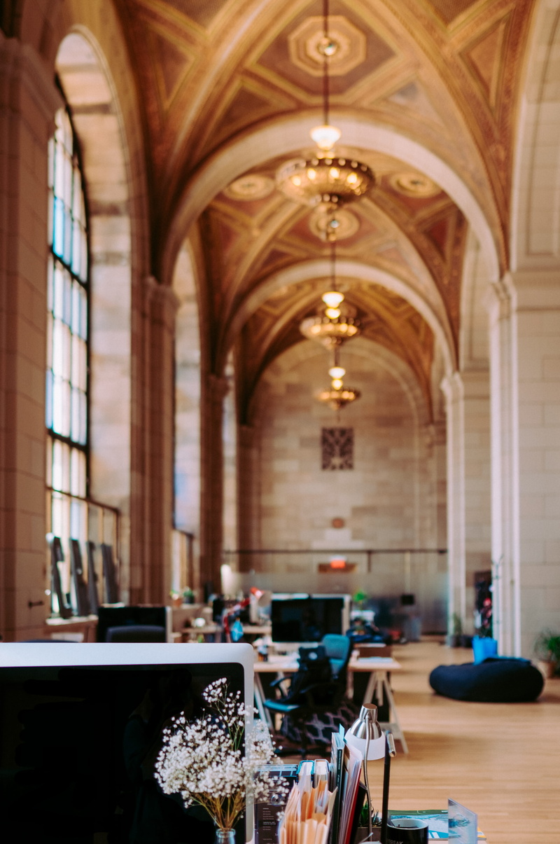 office space, in a row, lighting equipment, 4K, desks, ornate, unsplash, table, restaurant, architecture And Buildings, window, built structure, brown