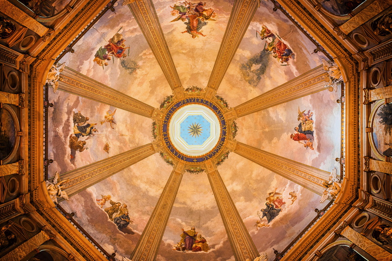 fresco, low angle view, ornate, the past, directly below, building exterior, religious, cover painting, mural, arts, place of worship, painting, religion