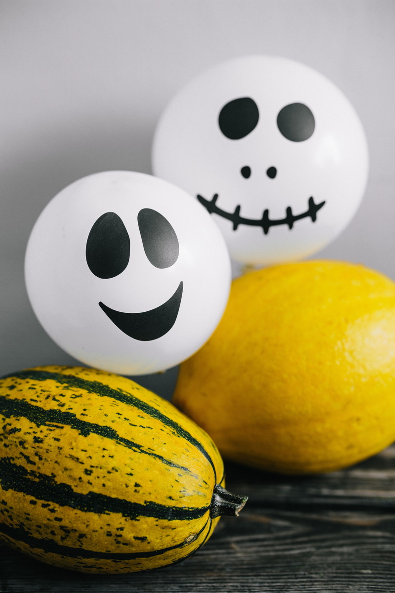 food, healthy eating, table, indoors, halloween, no people, anthropomorphic, vegetables, fall, close-up, ghosts, food and drink, group of objects, yellow