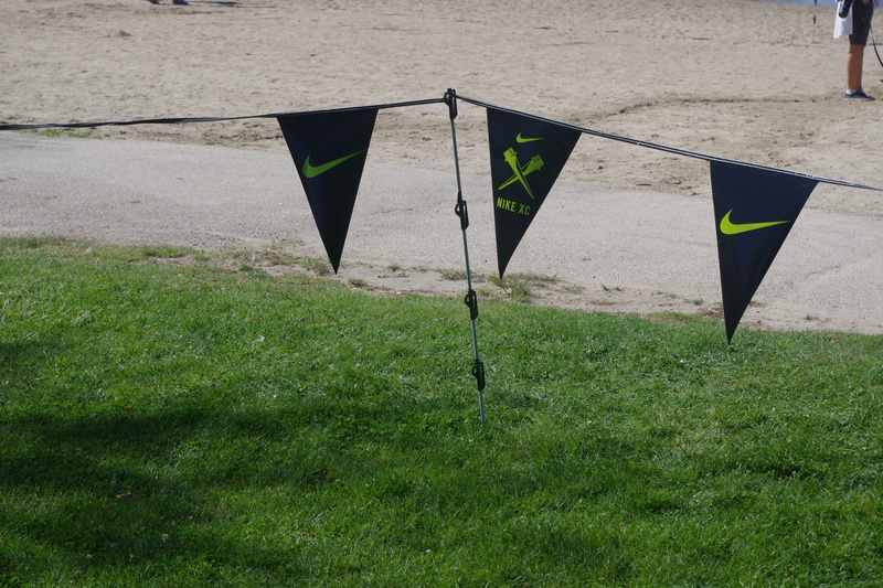 sunlight, field, sign, nature, flag, high angle view, race, outdoors, land, boundary, day, course, growth, nike, triangle shape, pennant, green color, plant
