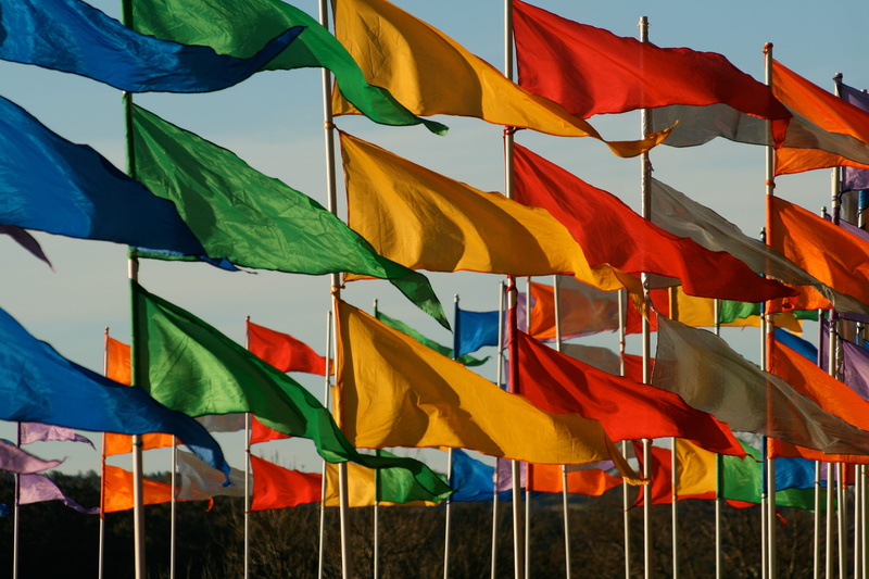 in a row, sunlight, low angle view, patriotism, no people, sky, side by side, day, wind, environment, large group of objects, symbol, nature, color, banner
