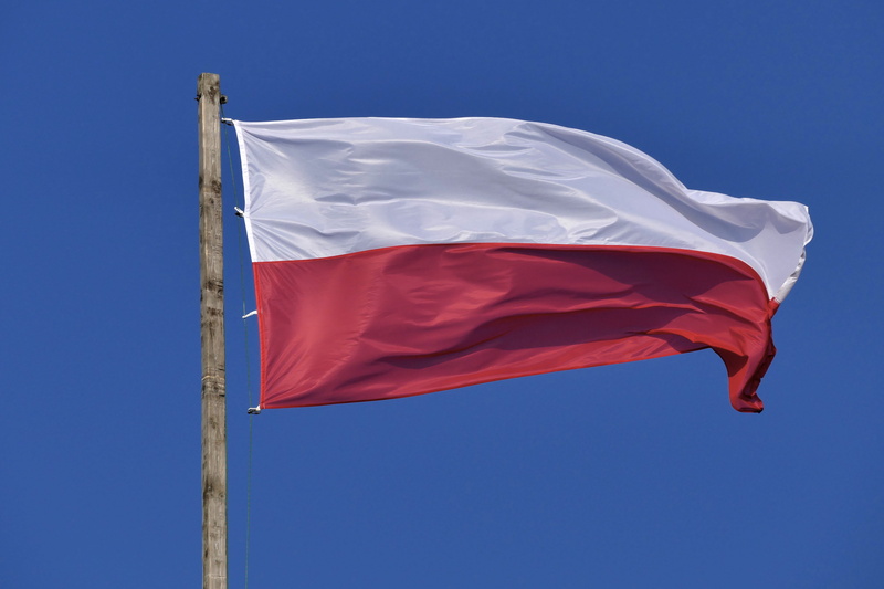 national symbol, copy space, red, patriotism, textile, the mast, szturmówka, waving, blue background, bandera, white-red, emblem, nationality, nature, single object