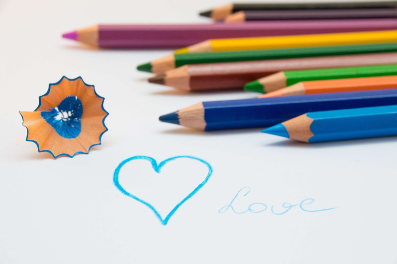 colors, composition, pencil shavings, sharp, heart shape, 4K, heart, close-up, high angle view, pencil, positive emotion, colourful, art, paper, education
