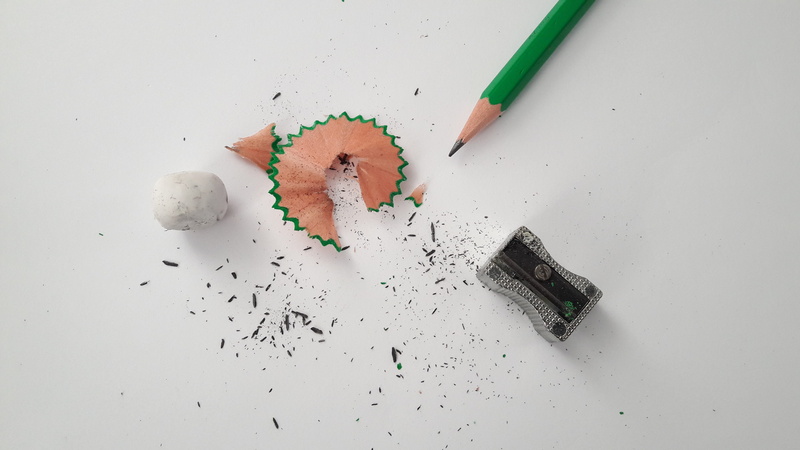art and craft equipment, education, shaving, paper, white background, school supplies, conceptual, pencil, 4K, eraser, learning, recreation, high angle view