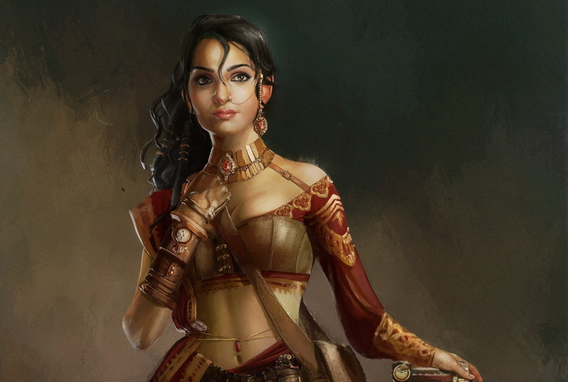 jewelry, fantasy, one person, portrait, girl, young women, looking at camera, indoors, Angelique Shelley, beauty, 2K, art, traditional clothing, standing