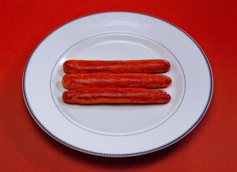 dogs, cut out, close-up, snack, studio shot, meal, food, plate, backgrounds, red, vegetable, indoors, 2K, colored background, meat, eating, hot, ready-to-eat