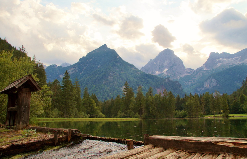 plant, non-urban scene, cloud - sky, mountain peak, wood - material, atmosphere, evening, built structure, schiederweiher, picturesque, mountain, wood
