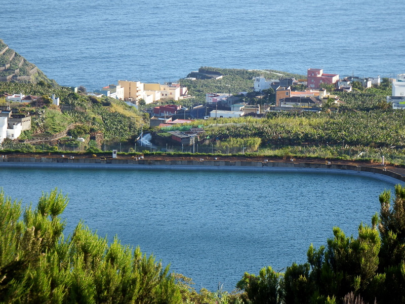 scenics - nature, high angle view, built structure, land, sea la palma, reservoir, no people, llano clara, tree, town, 4K, townscape, residential district